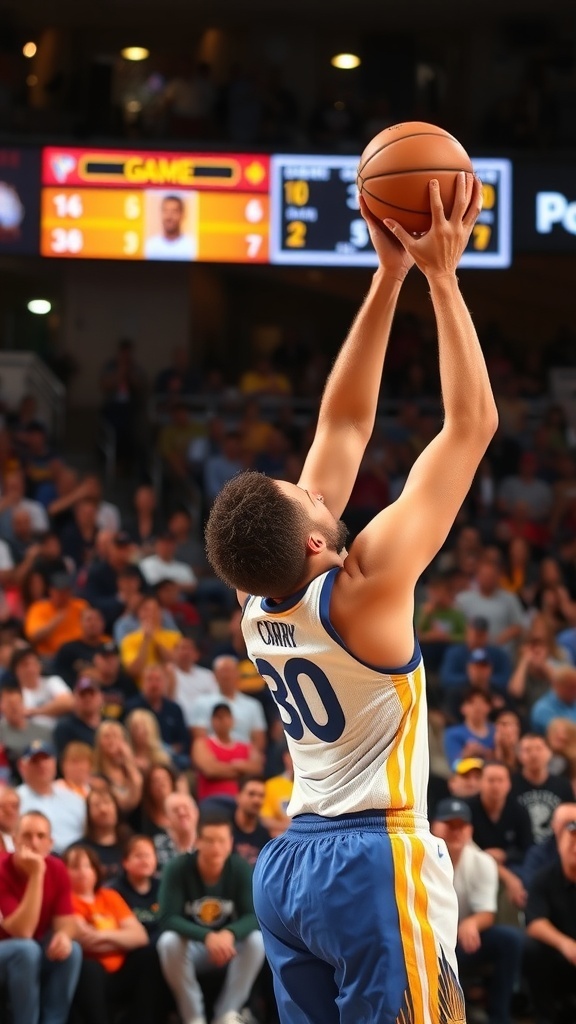 Steph Curry shooting a three-pointer during a Game 7, with fans cheering in the background.